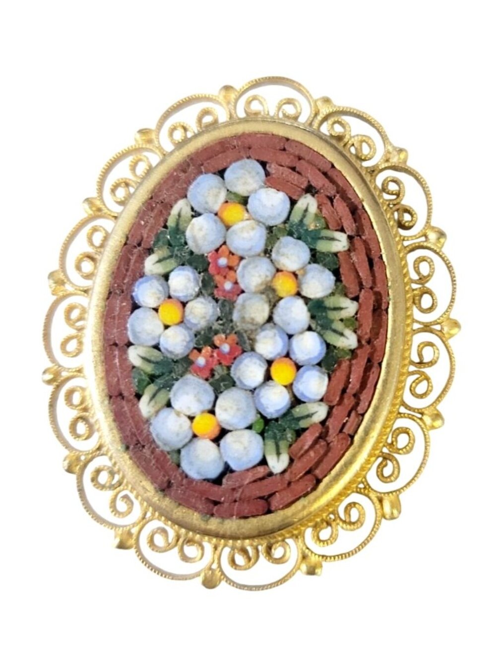Vintage Italian Floral Micro Mosaic Brooch Gold Plated Blue Flowers Glass Tiles - Picture 2 of 8